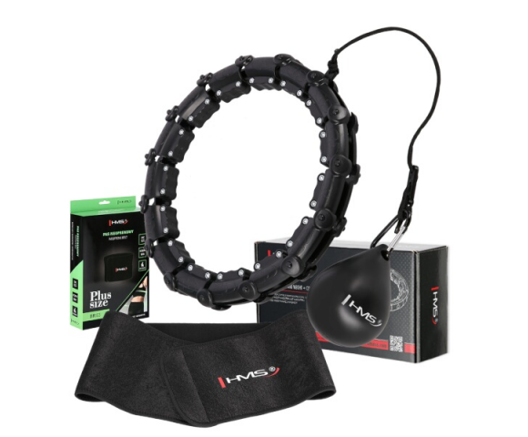 Sada černé masážní Hula Hoop se závažím HMS HHW11 a zeštíhlujícího bederního pásu HMS BR163 PLUS SIZE